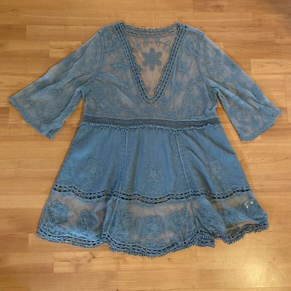 Womens Green Lace Swimsuit Coverup Embroidered V-Neck Eomenie One Size Dress Top - Picture 9 of 12